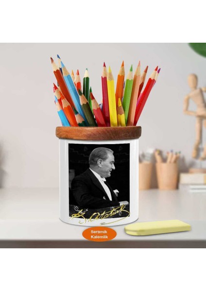 Siyah Beyaz Mustafa Kemal Atatürk Ahşap Seramik Kalemlik - ATA60 fiyatları