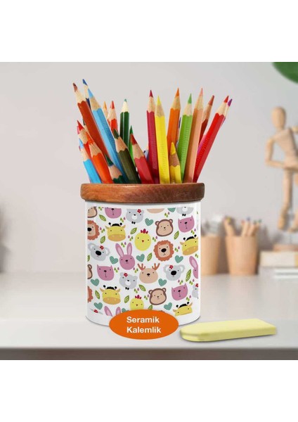 Sevimli Gülümseyen Hayvan Suratları Ahşap Seramik Kalemlik-90 fiyatları