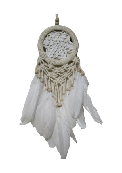 Beyaz Kuş Tüylü Makreme Işçilikli Hayat Ağacı Düş Kapanı Rüya Kapanı Dream Catcher