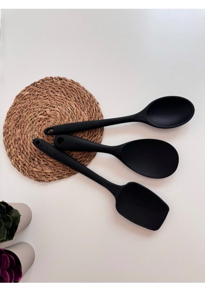 Yeninesilevim Siyah 3 Parça Silikon Spatula Kaşık Servis Seti