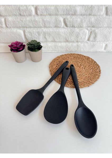 Yeninesilevim Siyah 3 Parça Silikon Spatula Kaşık Servis Seti