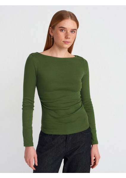 31401 Büzgülü Kayık Yaka Top-Koyu Haki