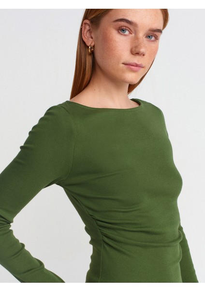 31401 Büzgülü Kayık Yaka Top-Koyu Haki fırsatları