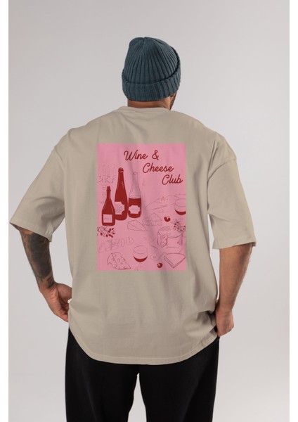 Wine Cheese Club Arka Baskılı Oversize T-Shirt Erkek Kadın Unisex %100 Pamuk Bisiklet Yaka Tişort