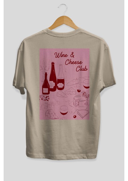 Wine Cheese Club Arka Baskılı Oversize T-Shirt Erkek Kadın Unisex %100 Pamuk Bisiklet Yaka Tişort fiyatları