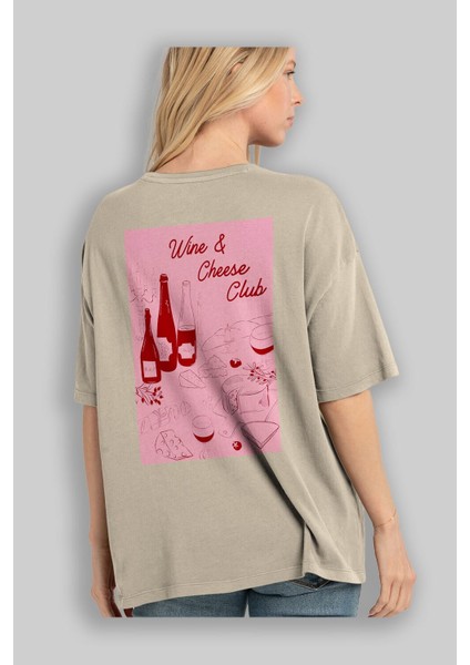 Wine Cheese Club Arka Baskılı Oversize T-Shirt Erkek Kadın Unisex %100 Pamuk Bisiklet Yaka Tişort modelleri