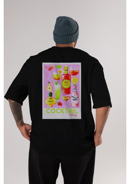 Cocktail Party Arka Baskılı Oversize T-Shirt Erkek Kadın Unisex %100 Pamuk Bisiklet Yaka Tişort