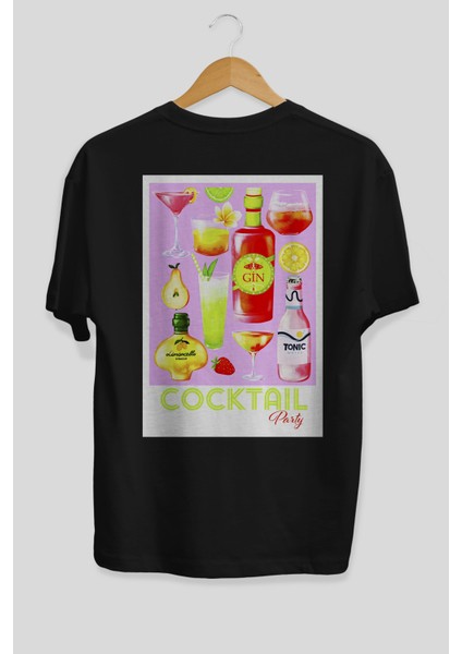 Cocktail Party Arka Baskılı Oversize T-Shirt Erkek Kadın Unisex %100 Pamuk Bisiklet Yaka Tişort fiyatları