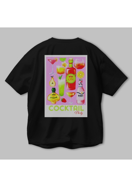 Cocktail Party Arka Baskılı Oversize T-Shirt Erkek Kadın Unisex %100 Pamuk Bisiklet Yaka Tişort modelleri