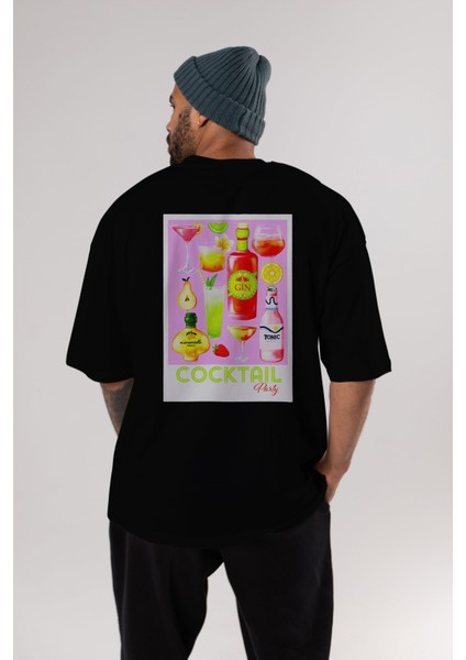Cocktail Party Arka Baskılı Oversize T-Shirt Erkek Kadın Unisex %100 Pamuk Bisiklet Yaka Tişort indirimleri