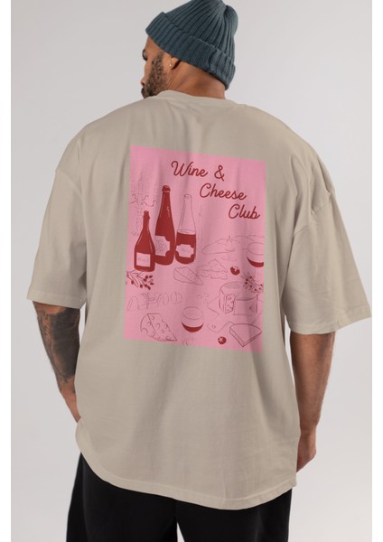 Wine Cheese Club Arka Baskılı Oversize T-Shirt Erkek Kadın Unisex %100 Pamuk Bisiklet Yaka Tişort indirimleri