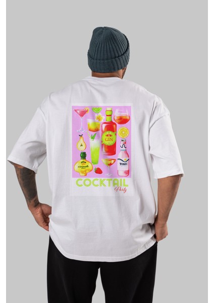 Cocktail Party Arka Baskılı Oversize T-Shirt Erkek Kadın Unisex %100 Pamuk Bisiklet Yaka Tişort