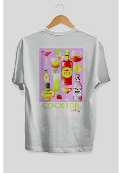 Cocktail Party Arka Baskılı Oversize T-Shirt Erkek Kadın Unisex %100 Pamuk Bisiklet Yaka Tişort fiyatları