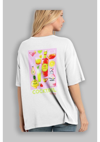 Cocktail Party Arka Baskılı Oversize T-Shirt Erkek Kadın Unisex %100 Pamuk Bisiklet Yaka Tişort modelleri