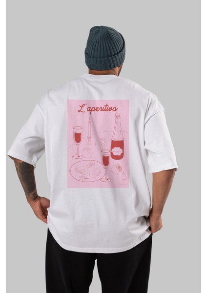 Şampanya L'aperitivo Arka Baskılı Oversize T-Shirt Erkek Kadın Unisex %100 Pamuk Bisiklet Yaka Tişort