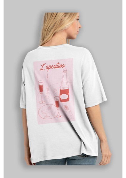 Şampanya L'aperitivo Arka Baskılı Oversize T-Shirt Erkek Kadın Unisex %100 Pamuk Bisiklet Yaka Tişort modelleri