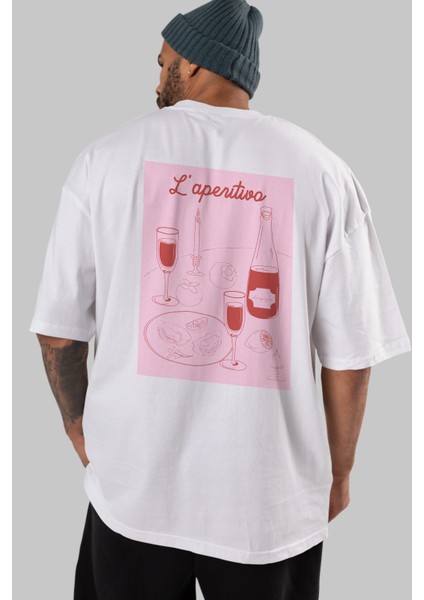 Şampanya L'aperitivo Arka Baskılı Oversize T-Shirt Erkek Kadın Unisex %100 Pamuk Bisiklet Yaka Tişort indirimleri