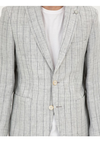 Erkek Gri Slim Fit %100 Keten Çizgili Ceket 50284966-VR024