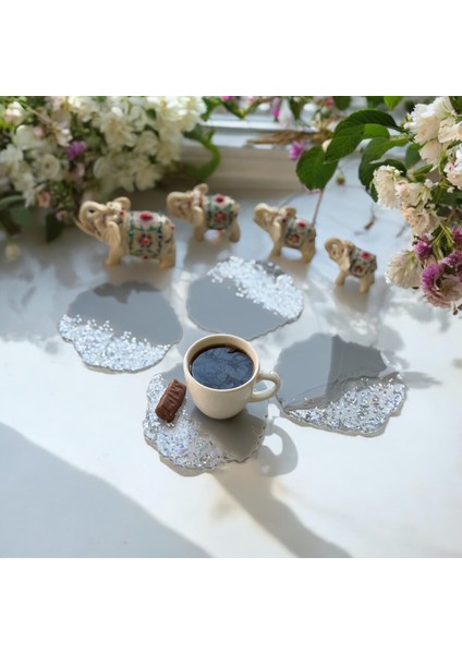 Epoksi Reçine Bardak Altlığı - Gri Şeffaf - 4'lü Set