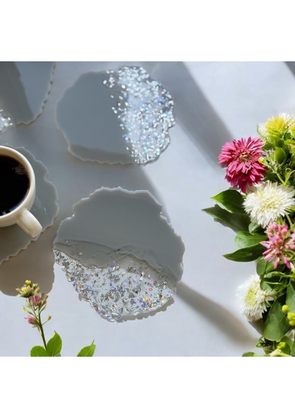 Epoksi Reçine Bardak Altlığı - Gri Şeffaf - 4'lü Set modelleri