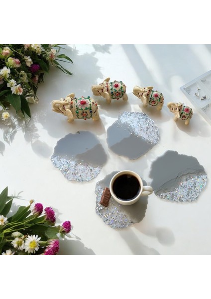 Epoksi Reçine Bardak Altlığı - Gri Şeffaf - 4'lü Set fırsatları