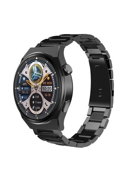 Gt3 Siyah Spor Yuvarlak Akıllı Saat Huawei Samsung Apple iPhone Uyumlu 3 Kordon Çelik, Deri ve Silikon Kordonlu