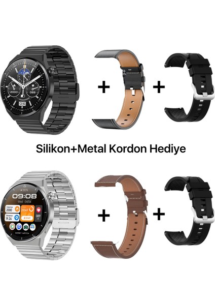 Gt3 Siyah Spor Yuvarlak Akıllı Saat Huawei Samsung Apple iPhone Uyumlu 3 Kordon Çelik, Deri ve Silikon Kordonlu indirimleri