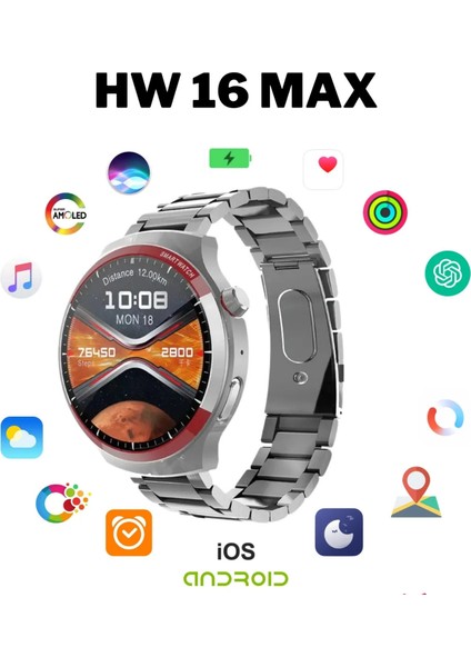 HW16 Max Yuvarlak Spor Akıllı Saat Amoled Ekran Kasa Korumalı Huawei Samsung Xiaomi Apple iPhone Uyumlu