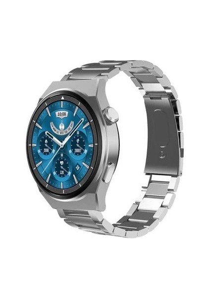 Gt3 Gümüş Spor Yuvarlak Akıllı Saat Huawei Samsung Apple iPhone Uyumlu 3 Kordon Çelik, Deri ve Silikon Kordonlu