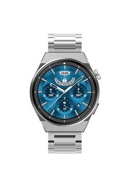 Gt3 Gümüş Spor Yuvarlak Akıllı Saat Huawei Samsung Apple iPhone Uyumlu 3 Kordon Çelik, Deri ve Silikon Kordonlu modelleri