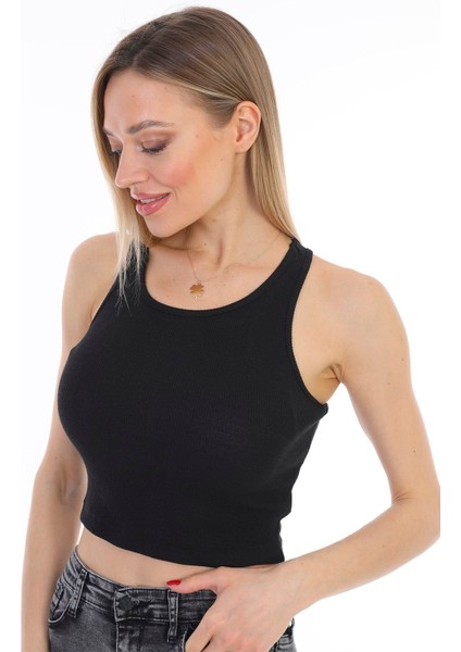 Siyah Fitilli Super Crop Örme Atlet