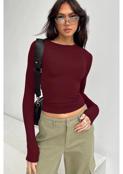 Bordo Bisiklet Yaka Basic Uzun Kollu Body