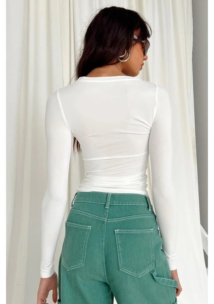 Bisiklet Yaka Basic Uzun Kollu Ekru Body
