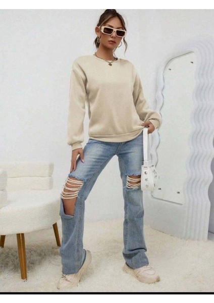 Kadın Uzun Kollu Bisiklet Yaka Şardonlu Üç Iplik Kumaş Sweat modelleri