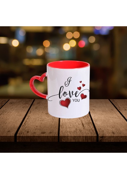 I Love You Yazılı Kalpli Kırmızı Kalp Saplı Bardak