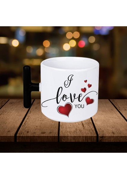I Love You Yazılı Kalpli Siyah T-Saplı Bardak