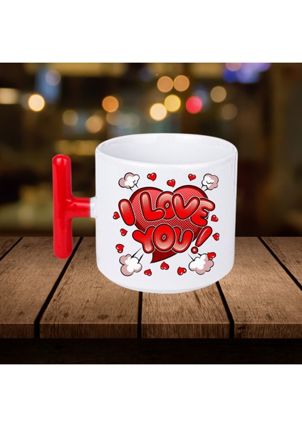 Kırmızı Kalpli I Love You Yazılı Kırmızı T-Saplı Sevgililer Günü Bardak
