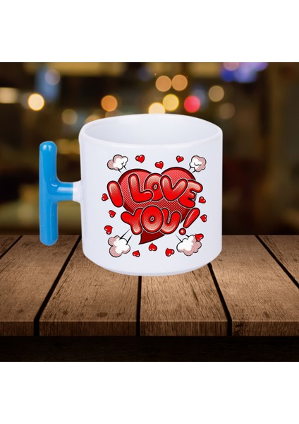 Kırmızı Kalpli I Love You Yazılı Mavi T-Sap Bardak