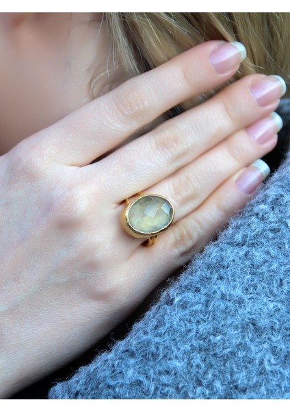 Doğal Taş Sitrin Doğal Taşlı Ayarlanabilir Altın Kaplama Kadın Yüzük EOUY3S