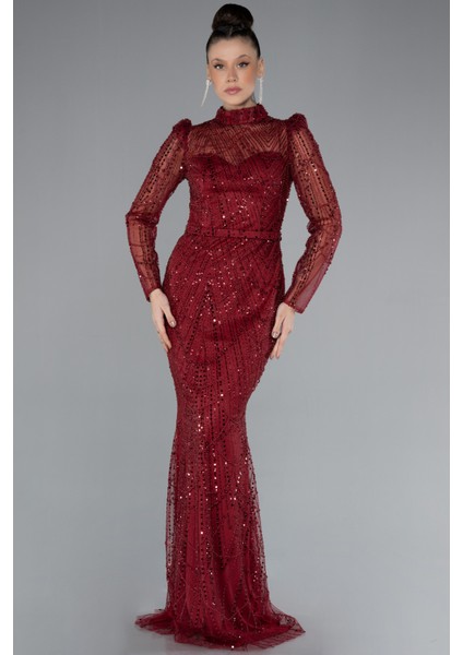 Uzun Kol Dik Yaka Taşlı Özel Tasarım Abiye ABU4526