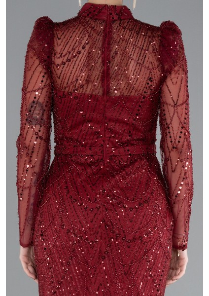 Uzun Kol Dik Yaka Taşlı Özel Tasarım Abiye ABU4526 fırsatları