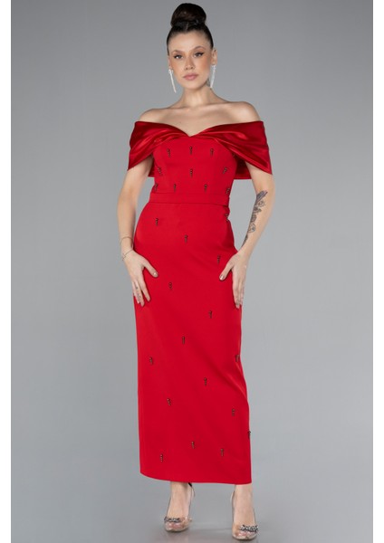 Kayık Yaka Taşlı Midi Davet Elbisesi ABK2212