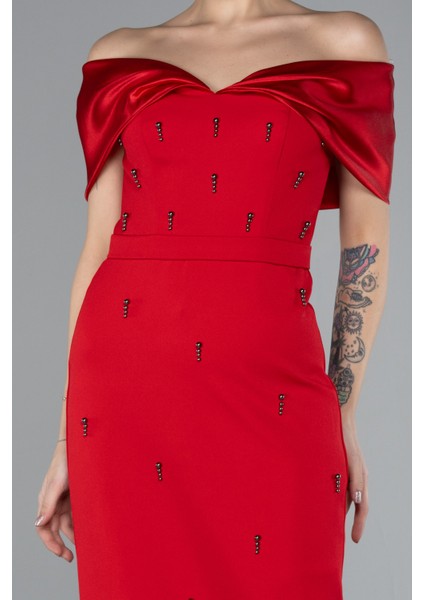 Kayık Yaka Taşlı Midi Davet Elbisesi ABK2212 modelleri