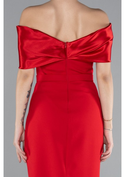 Kayık Yaka Taşlı Midi Davet Elbisesi ABK2212 fırsatları