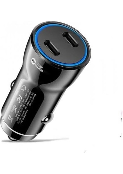 60W Turbo Araç Şarjı 2 Type-C Girişli Şarj Akım Korumalı Araç Çakmaklık Şarjı 12V-24V Araç Şarj