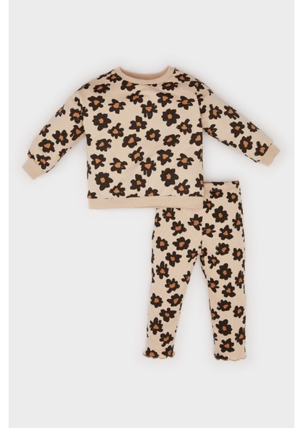 Kız Bebek 2'li Takım Çiçekli Bisiklet Yaka Sweatshirt Beli Lastikli Alt E0203A525SP