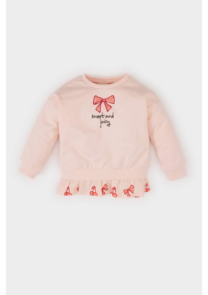 Kız Bebek Bisiklet Yaka Baskılı İçi Yumuşak Tüylü Sweatshirt E2944A525SP