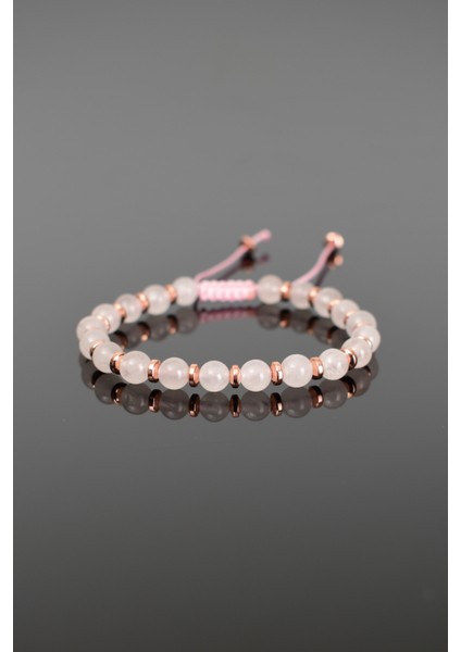 Pembe Kuvars - Hematit Doğal Taş Makrome Örme Bileklik Küre Kesim
