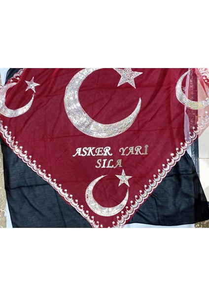 Kişiye Özel Asker Yari ve Isim Yazılı Kırmızı Kına Örtüsü Tirşe eldivenli