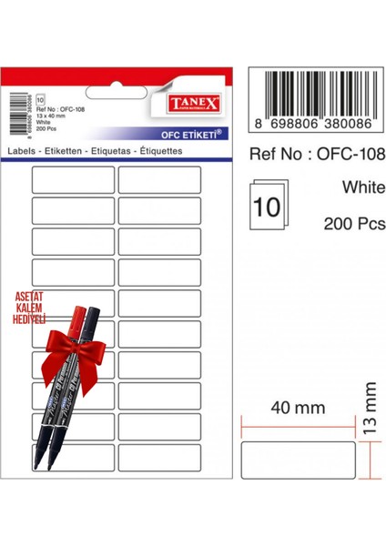 OFC-108 40X13 mm Beyaz Ofis Etiketi 10 Sayfa 2'li Asetat Ka